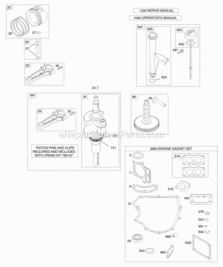 Camshaft Crankshaft Gasket Set - Engine Lubrication Piston Rings Connecting Rod Diagram and Parts List for 445777-0112-E3  Briggs and Stratton Engine